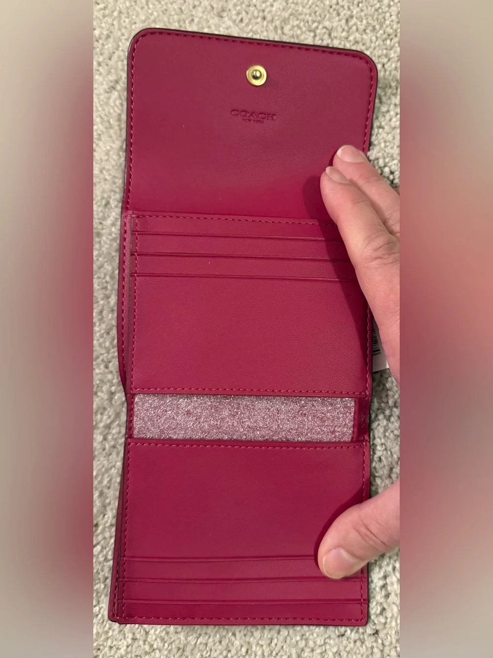 Coach Pebbled Dark Fuchsia Leather Mila Small Flap Wallet with Gold C Accent